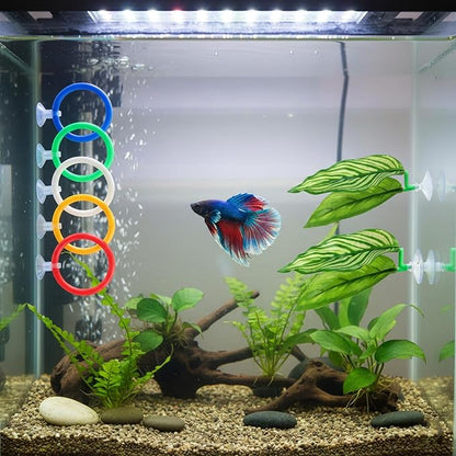 Betta Fish Toys, 13 Piece Betta Toys Set with Five Resting Leaves and Three Floating Balls, Colorful Hoops in Blue Green Yellow White Red, Enrichment Activities for Betta Fish