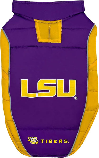 NCAA LSU Tigers Puffer Vest for Dogs & Cats, Size Small. Warm, Cozy, and Waterproof Dog Coat, for Small and Large Dogs/Cats. Best NCAA Licensed PET Warming Sports Jacket