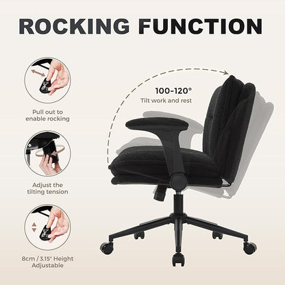 Criss Cross Legged Office Chair with Wheels and Flip-Up Arms, Ergonomic Wide Seat Desk Chair with Thick Padded, Height Adjustable Criss Cross Chairs for Home Office, Bedroom,Apartment,Vanity,Black