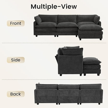 ROWHY Oversized Modular Sectional Couch with Movable Ottoman, 112" Modern Convertible L Shaped Sofa Set, 4 Seat Comfy Cloud Couch with 2 Throw Pillows, for Living Room, Chenille, Charcoal Grey