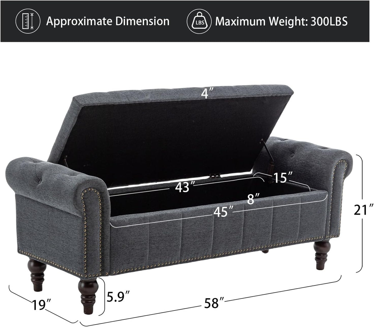 58’’ Storage Bench for Bedroom, Upholstered Button-Tufted Ottoman with Solid Wood Legs, Large End of Bed Shoe Cabinet, Window Seat Foot Rest Stool for Entryway, Closet, and Living Room (Dimgray)