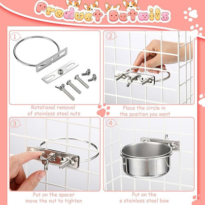 Silkfly 14 Pack Stainless Steel Hanging Dog Crate Bowls, Non-Spill Kennel Food & Water Bowls with Screw Clamp Holders, Removable, Easy to Clean Metal Cage Feeder for Pets(29 oz)