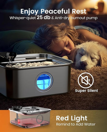 oneisall 10L/2.6Gal Dog Water Fountain for Large Dogs (with 5 Filters) | Deeper & Wider Drinking Area, Visualization Water Window & Triple Filtration,304 Stainless Steel