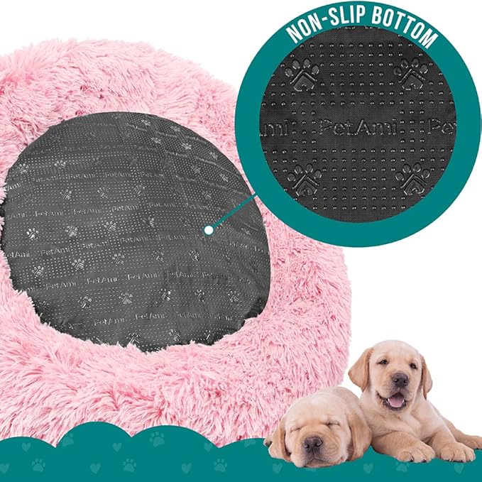 PetAmi Calming Dog Bed for Small Medium Dog Cat, Round Donut Dog Bed Washable, Fluffy Faux Fur Plush Cuddler Pet Kitten Cushion Bed, Anti-Slip, Fits up to 45 lbs, 30 inch, Pink