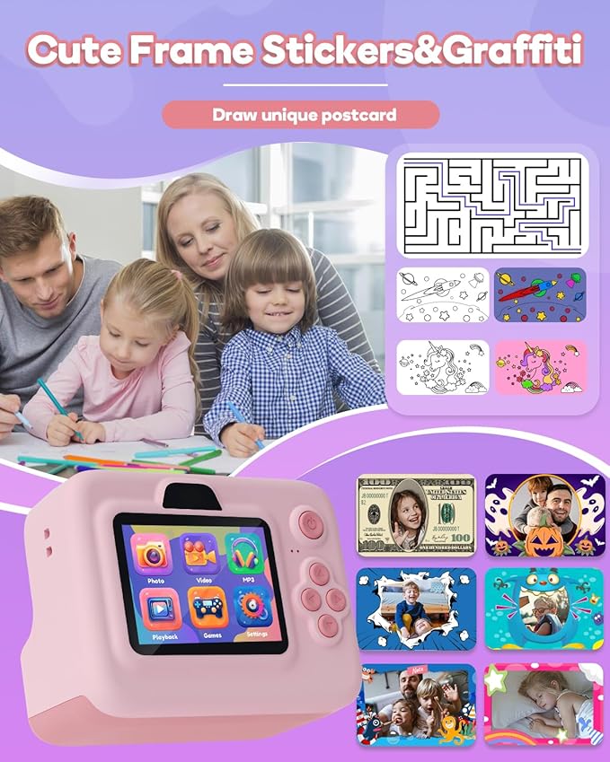 Kids Camera Instant Print,1080P Kids Instant Cameras That Print Photos,Christmas Birthday Gifts for Girls Age 3-12,Portable Toy for 3 4 5 6 7 8 9 10 Year Old Girls Boys Pink