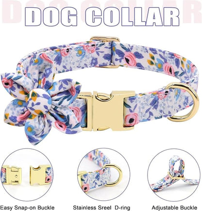 Beirui Cute Dog Collars,Harnesses,Leashes Set, Floral Pattern, Blue,S | Girl Dog Harness Set with Flower, Adjustable and Soft Mesh Lining, For Small Dogs Daily Walks