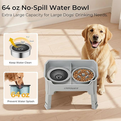 URPOWER Mess Proof Elevated Dog Bowls 4 Height Adjustable Raised Stand | No Spill Water Bowl, Slow Feeder Dog Bowls, Non-Slip Food and Water Bowl Set for Small, Medium & Large Dogs