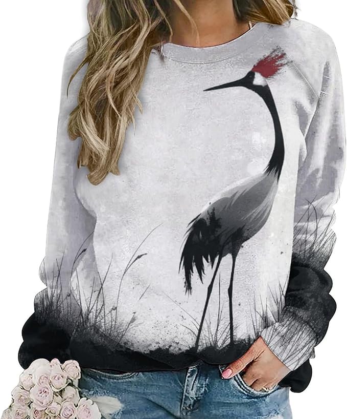 Womens Long Sleeve Tops Y2k Japanese Art Print Sweatshirts Fall Pullover for Women Crewneck Vintage Shirts Boho Tops