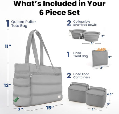 Puffer Dog Travel Bag for Dog Moms, Diaper Bag with Travel Bowls | 2 BPA-Free Collapsible Bowls, 2 Pet Food Containers, 9 Pockets, Everyday Puffer Bag Works With or Without Your Dog, Grey