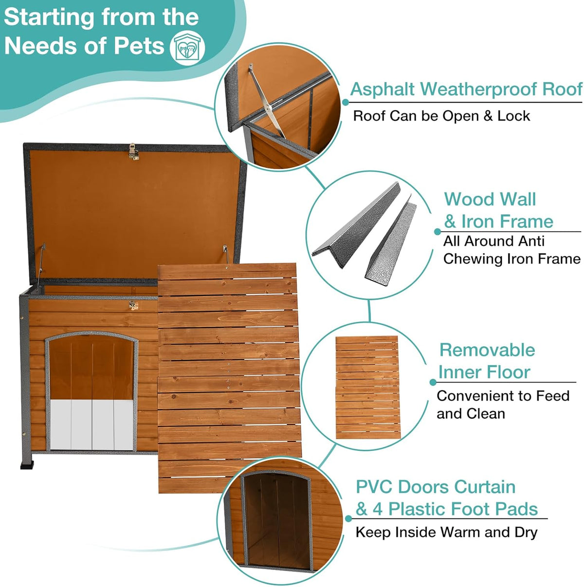 Indoor Outdoor Dog House,Anti-Chewing Iron Frame Dog Kennel,Wood Warm Pets Home,Weatherproof Outside Shelter (43.3" (L) x 29.4" (W) x 33.4" (H) Brown)