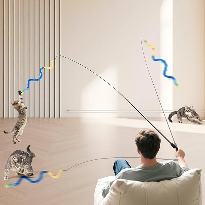 Cat Wand Toy, 8Pcs Retractable Plush Srtip Cat Teaser Wand Toys with Bell & String, Long Interactive Wand Toys for Indoor Kitten, Exercise