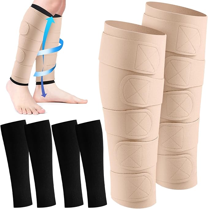 Croknit 3 Pairs Lymphedema Compression Leg Wraps Adjustable Lower Leg Cover up Medical Shin Splint Wrap for Heaviness Fatigue(Black-complexion Leg Wrap)