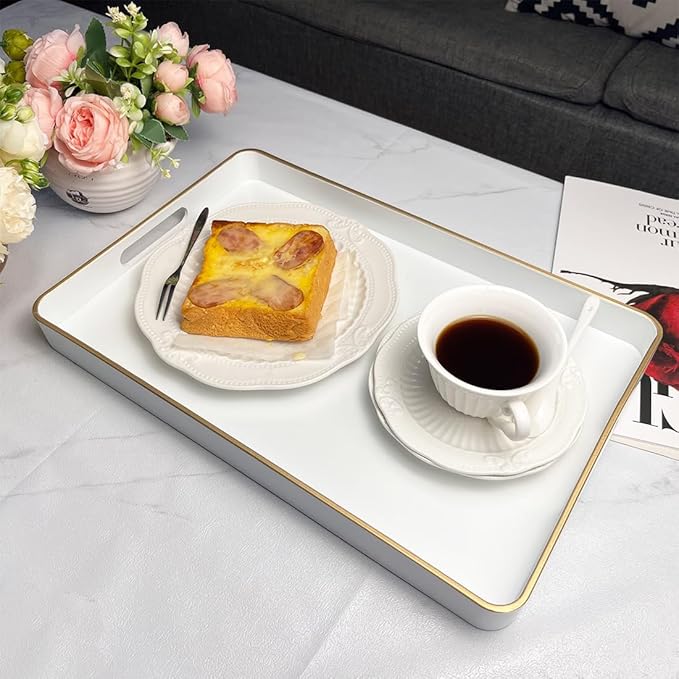 White Decorative Tray, Rectangular Serving Trays with Handles,Ottoman, Coffee Table Tray for Living Room, Bathroom, Home Decor 15.7” x 10.2”