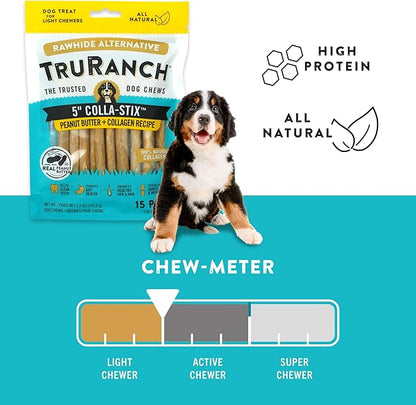 TRURANCH Collagen Sticks - 5" Collagen Sticks for Dogs - Long Lasting Healthy Joint Support Dog Treat - Rawhide Alternative - Skin & Coat Health - Made with Real Peanut Butter, 1 Bag, 15 Count