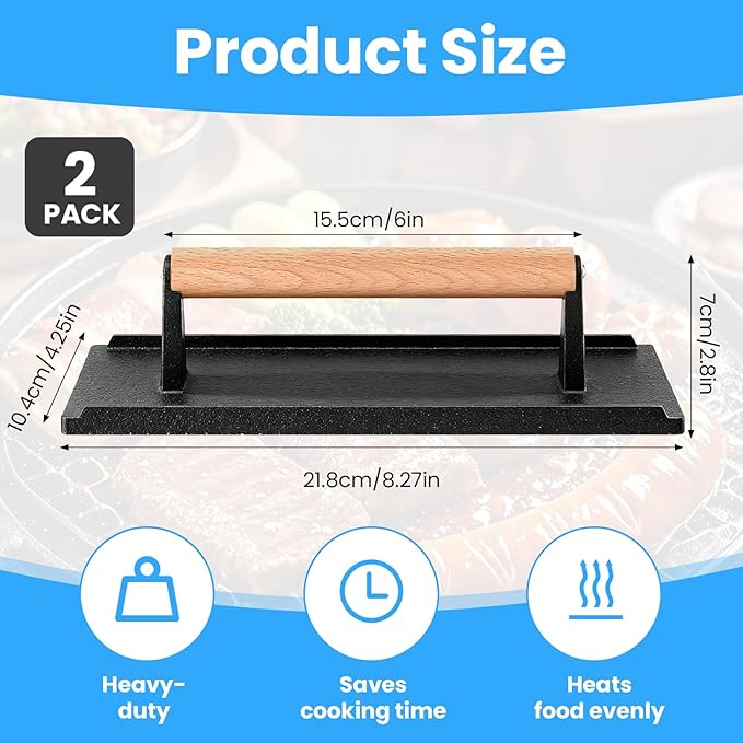 2 Pack Cast Iron Grill Press, Heavy Duty Rectangular Griddle Weight