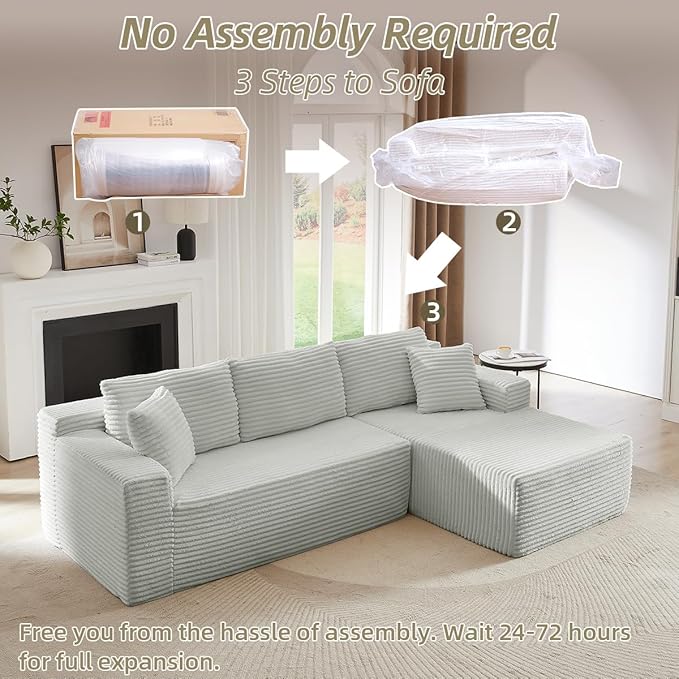 Modular Cloud Sectional Couch with L-Shape Chaise,Modern Upholstered Couches with Deep Seat,Corduroy Sponge Compressed Sofa for Living Room, Bedroom,No Assembly Required(Light Gray)