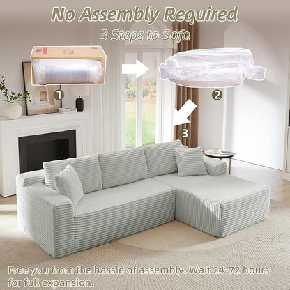 Modular Cloud Sectional Couch with L-Shape Chaise,Modern Upholstered Couches with Deep Seat,Corduroy Sponge Compressed Sofa for Living Room, Bedroom,No Assembly Required(Light Gray)