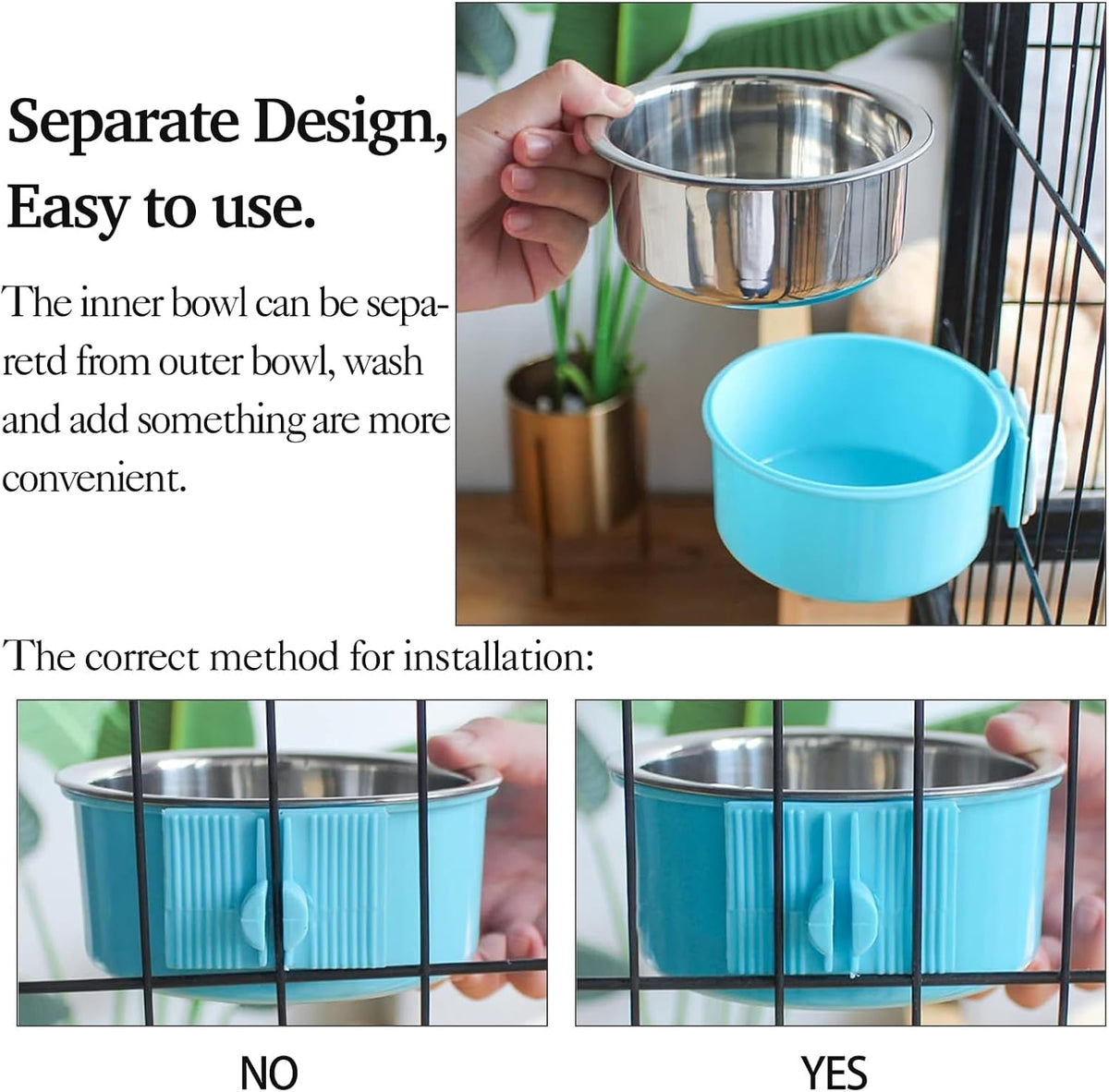 kathson Crate Dog Bowl 2pcs, Removable Stainless Steel Hanging Pet Kennel Cage Bowl Food & Water Feeder Coop Cup for Puppy, Cat, Rabbit,Guinea Pigs Large (Blue,Green)