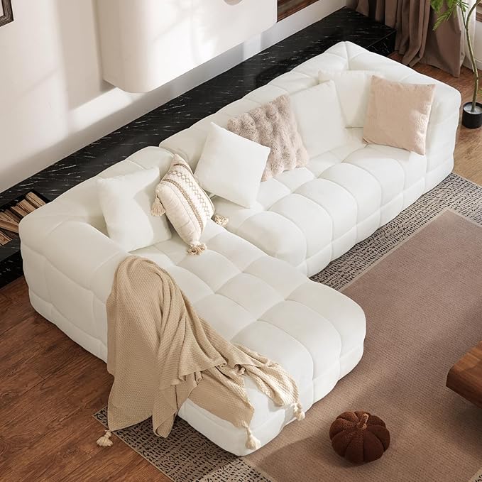 107" Boneless Couch with L - Shaped Chaise, Modern Chenille Modular Sectional Sofa with Tufted Design, Comfy Upholstered Sofa, No - Assembly Sectional Couch, Cream White