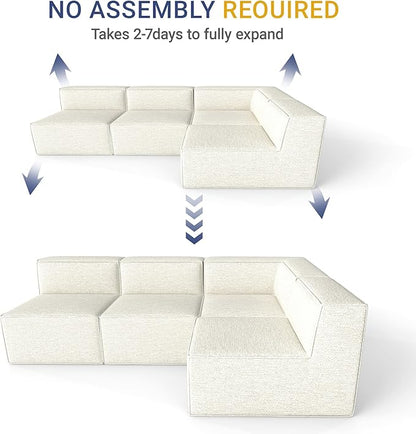 97" Sectional Compressed Sofa Modular Couches,High-Density Foam No Assembly Required,3-Piece(1xCorner 3xArmless) for Living Room, Chenille Beige White