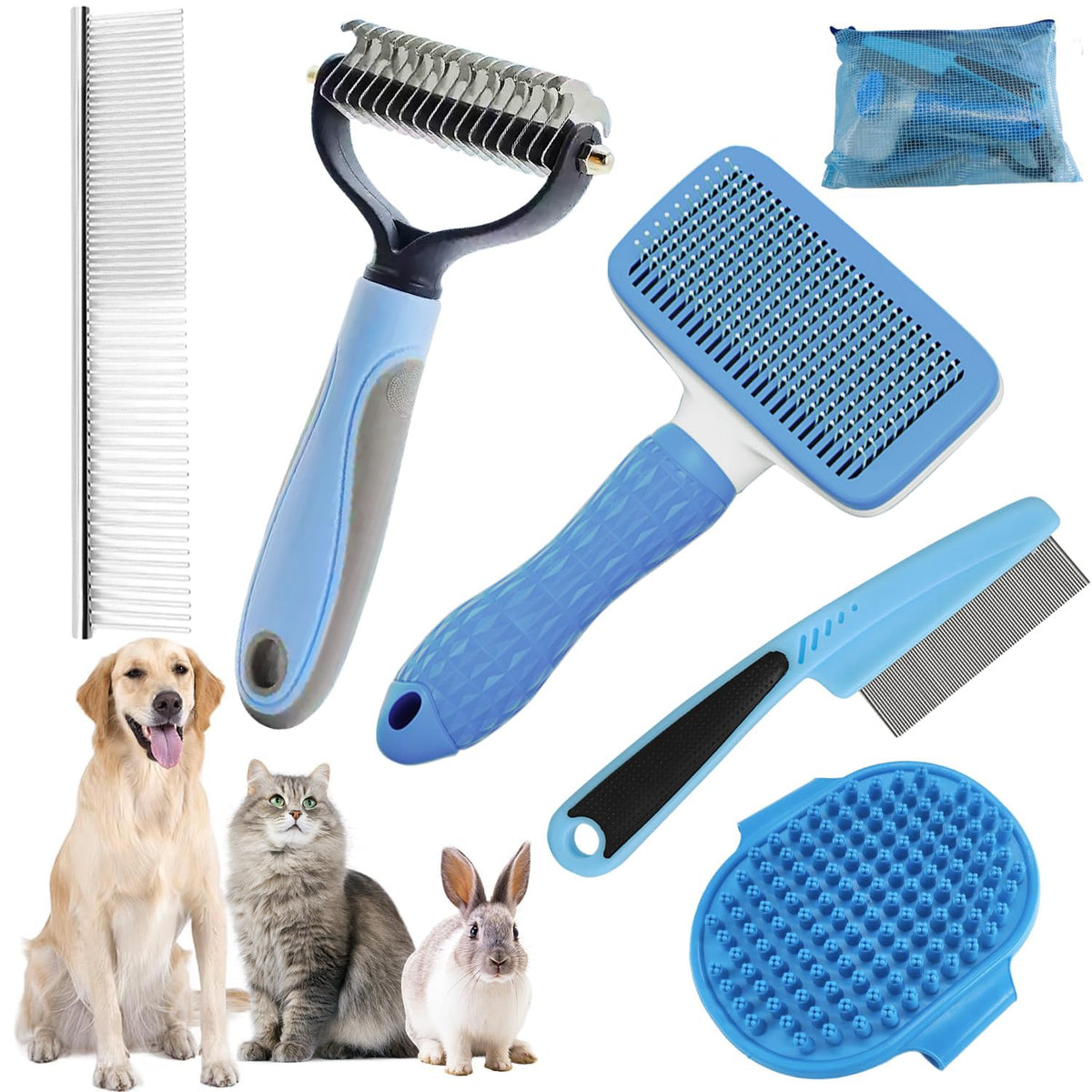 Dog Brush for Shedding,6 PCS in One Pet Slicker Hair Brush Kit Organizer Bag - Dog Cat Grooming Deshedding Undercoat Rake Brush Comb for All Small Large Dogs Cats Blue