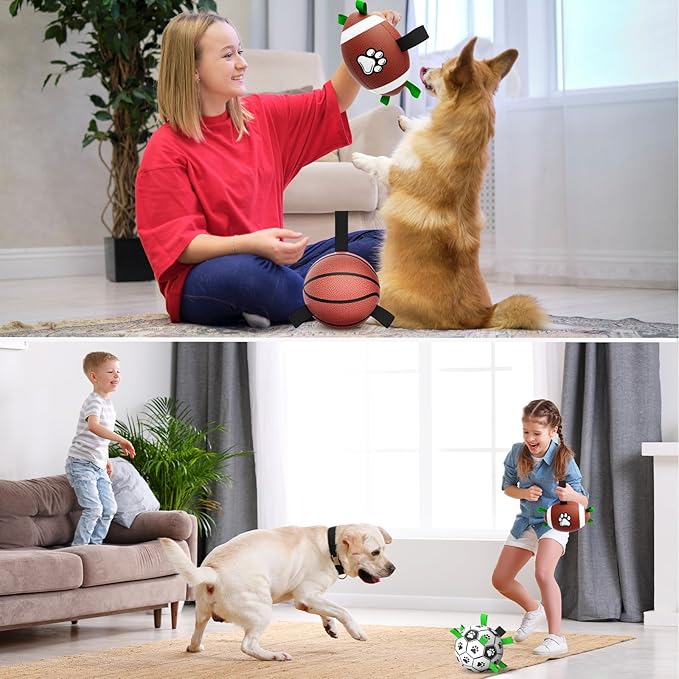 QDAN Dog Soccer Ball Football Basketball Set - 3 PCS Dog Balls with Strap for Tug of War, Soccer Ball Football Toys for Small Medium Large Dogs, Herding Ball for Dogs, Dog Birthday Toy