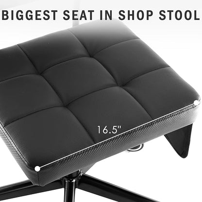 WUDOYO Adjustable Rolling Shop Stool with Tool Bags, Black Padded Seat, TPE Wheels, Real Backrest, Easy Handrail (Regular Work Seat Height(18-25"))