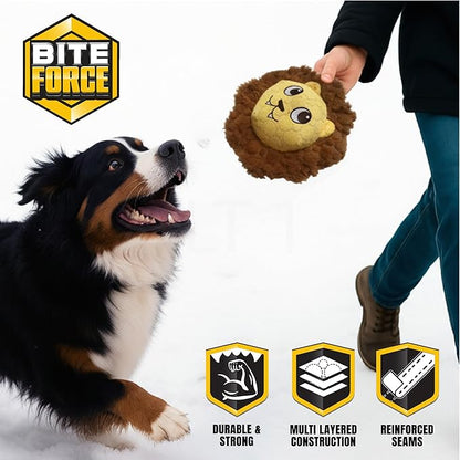 Bite Force -Durable & Strong Dog Toy Mighty Leo with Squeaker, Kevlar-Reinforced for Aggressive Chewers for Small Medium Large Dogs - Yellow.