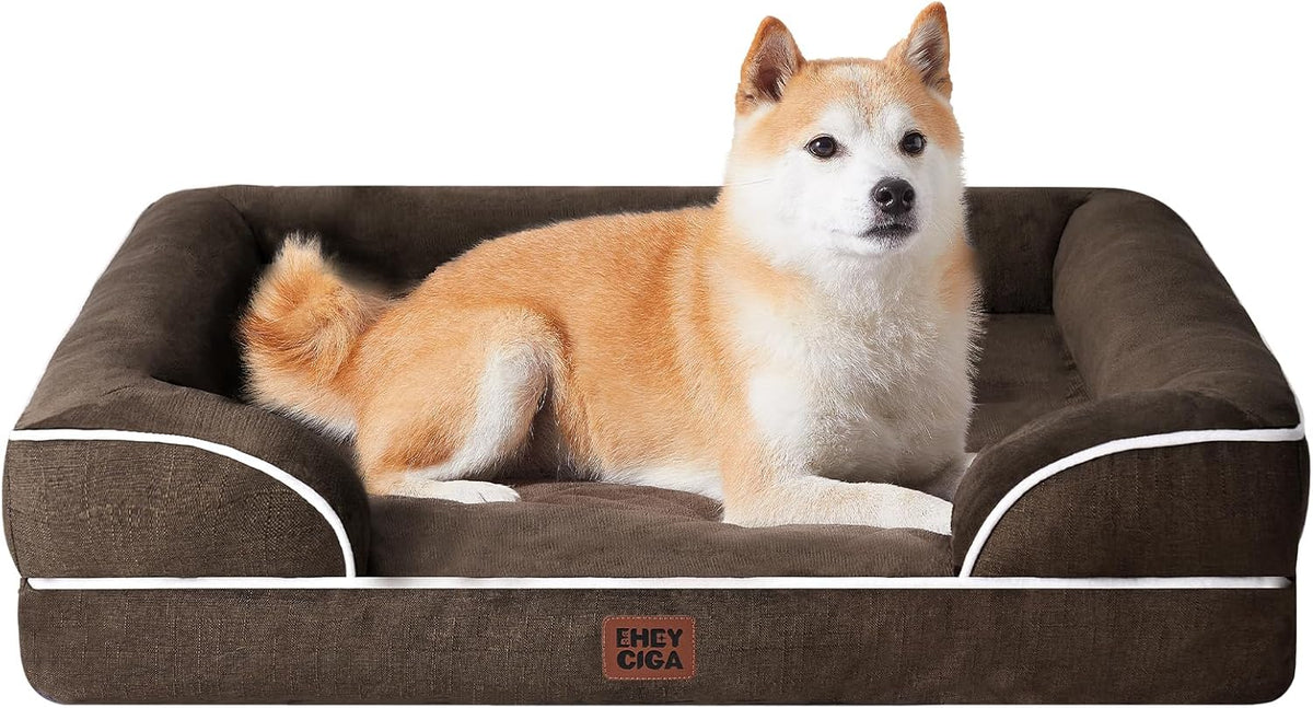 EHEYCIGA Orthopedic Dog Beds for Large Dogs, Waterproof Memory Foam Large Dog Bed with Sides, Non-Slip Bottom and Egg-Crate Foam Pet Couch Bed with Washable Removable Cover, Brown