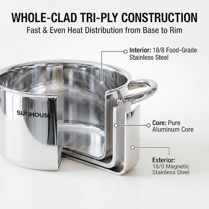 Sunhouse Professional 12-Quart Whole-Clad Multi-Ply Stainless Steel Stock Pot
