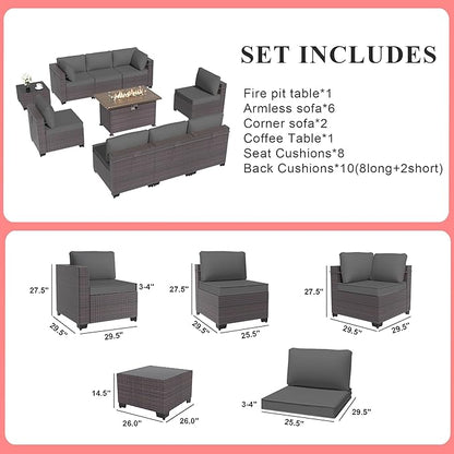 Gotland 10 Pieces Patio Furniture Set with Fire Pit Table, All Weather Rattan Outdoor Furniture with 29.5'' High Backrest 4’’ Thick Cushions Coffee Table, Outdoor Sofa for Deck, Garden, Backyard, Gray