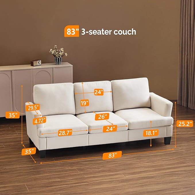 VINGLI White 83" Sofa Couches for Living Room, Faux Suede Modern Comfy 3 Seater Couch 25.6" Deep Seat Upholstery Cozy Sofas for Small Space, Bedroom, Apartment, Home Office