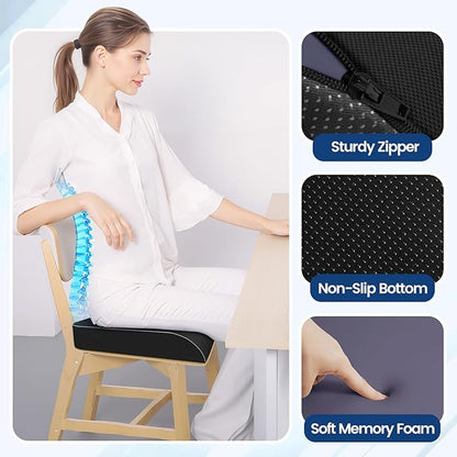 SweetSlubr Seat Cushion for Tailbone Pain Relief, Office Chair Cushion, Memory Foam Large Chair Cushion with Non-Slip Cover for Soft Support at Office Chair, Car Seat, Airplane Black/Large