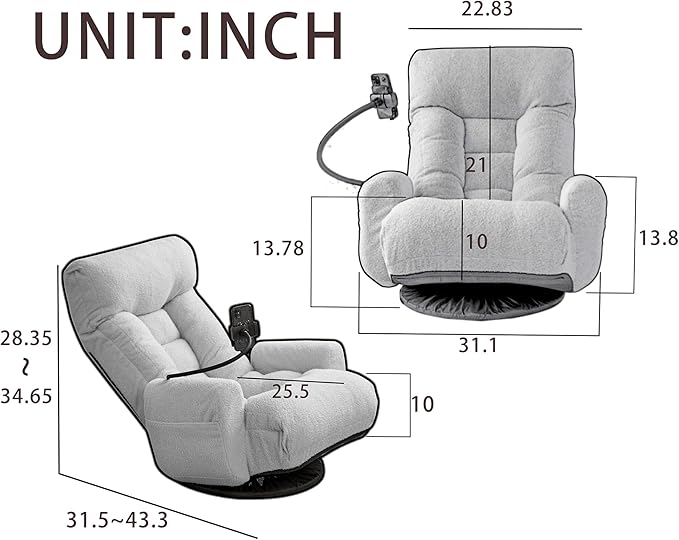 Lounge Sofa Chair with Side Pocket Armrests & Phone Holder. Gaming Chair for TV, Reading,Video,Games.Indoor Floor Chaise in Livingroom, Bedroom.Adjustable Foldable Backres&360° Swivel (Gray)