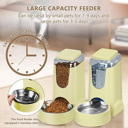 HWONMTE Portable Automatic Cat Feeder and Water Dispenser with Stainless Steel Bowl Dog Gravity Food Feeder and Waterer for Small Medium Pets Puppy Kitten 1 Gallon x 2 (Cream Yellow)