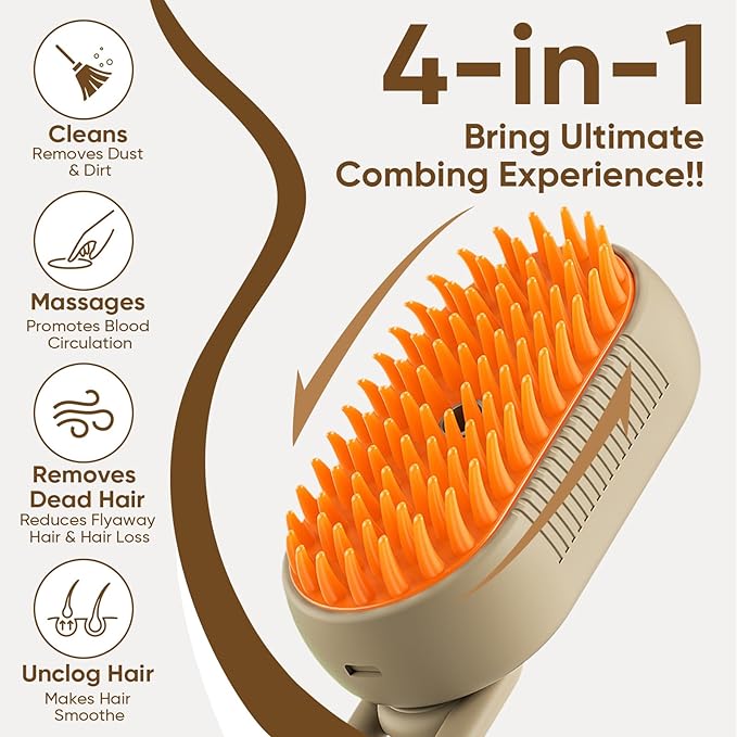 4-in-1 Cat Steam Brush for shedding – Self-Cleaning Comb for Long and Short Hair Cats and Dogs, Steam Pet Brush for Hair Removal, Vibrating Message, Grooming & Relaxation (Khaki)