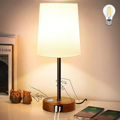 Modern USB & Type-C Bedside Lamp with Touch Control, Dimmable Table Lamp with White Fabric Shade Enhanced with Gold Threads, Includes LED Bulb - Ideal for Bedroom, Office, Dorm