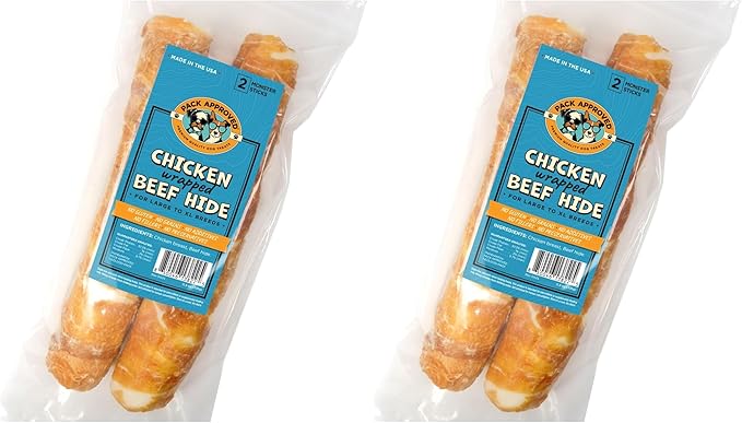 Chicken Wrapped Rawhide Beef Sticks - Long Lasting Chews for Aggressive Chewers - Treats for Large Dogs - XL (Pack of 4)