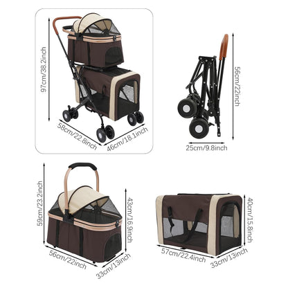 Double Pet Stroller with Detachable Carriers, Large Cat & Dog Stroller with 4 Wheels, Foldable Pet Strollers Small & Medium Dogs Cats 77lbs (Coffee Color)