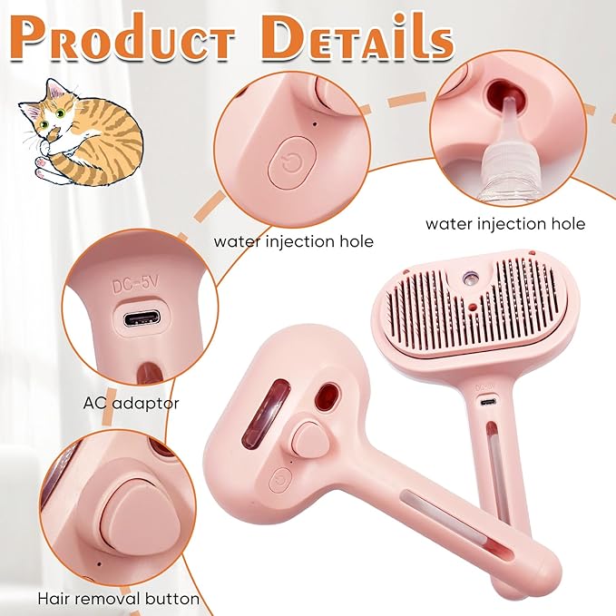 Cat Steam Brush with Release Button, Pet Spray Brushes for Shedding & Grooming, Mist Comb for Pet Long Short Haired, Steamy Brush for Cats Removing Loose Fur and Massage (Pink)