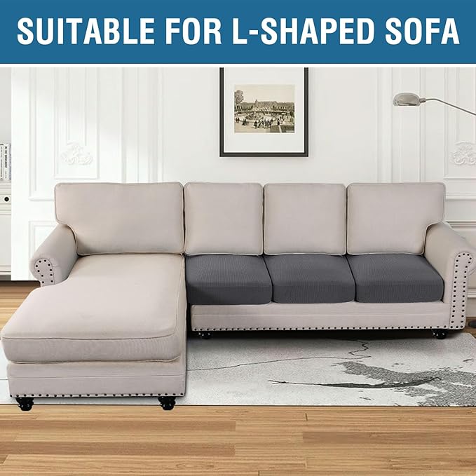 H.VERSAILTEX Super Stretch Individual Seat Cushion Covers Sofa Covers Couch Cushion Cover Slipcover Sets Thick Jacquard Textured Twill Fabric (3 Piece Sofa Cushion Covers, Grey)