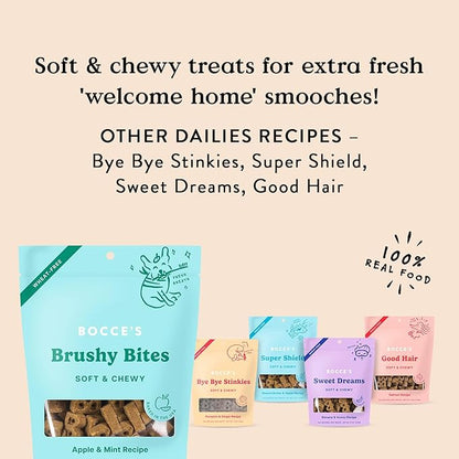 Bocce's Bakery Dailies Brushy Bites Dog Treats for Wellness Support, Wheat-Free Dog Treats, Made with Real Ingredients, Baked in The USA, All-Natural Soft & Chewy, Apple & Mint Recipe, 6 oz