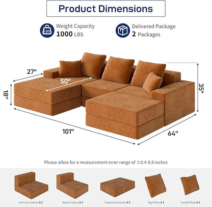 Living&Giving 101" U-Shaped Cloud Sectional Couch for Living Room, Cloud Boneless Couch-No Assembly with Reversible Chaise, Customizable 3-Seat Modular Sectional Sofa with 2 Ottoman, Orange