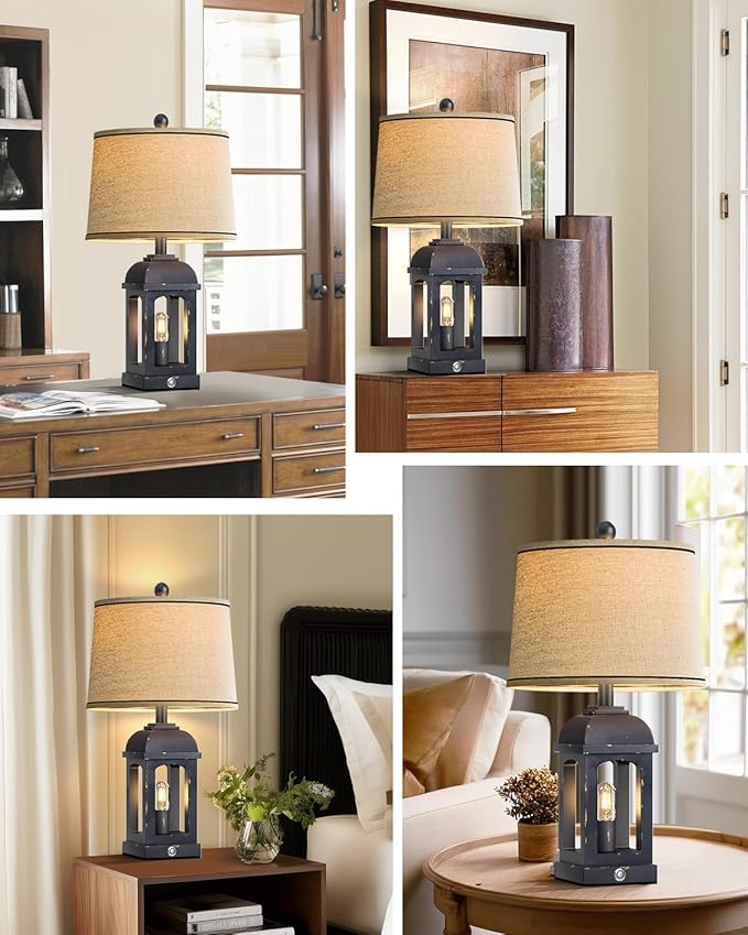 QiMH Table Lamp for Living Room, Farmhouse Lamps with USB A+C and Nightlight, 26" Rustic Bedside Lamps with 3-Way Dimmable Touch Control, Nightstand Lamp for Bedroom, Shabby Grey, 1 Pack