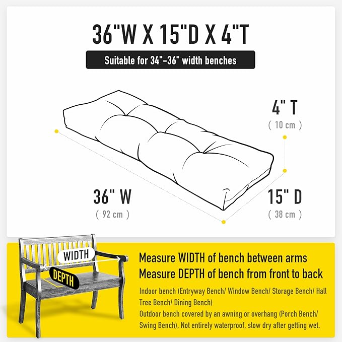 SUNROX LokGrip Non Slip Tufted Memory Foam Bench Cushion, FadeShield Water Resistant Durable Thicken Outdoor/Indoor Bench Seat Pads 36x14x4 inch, Cocoa Stripe