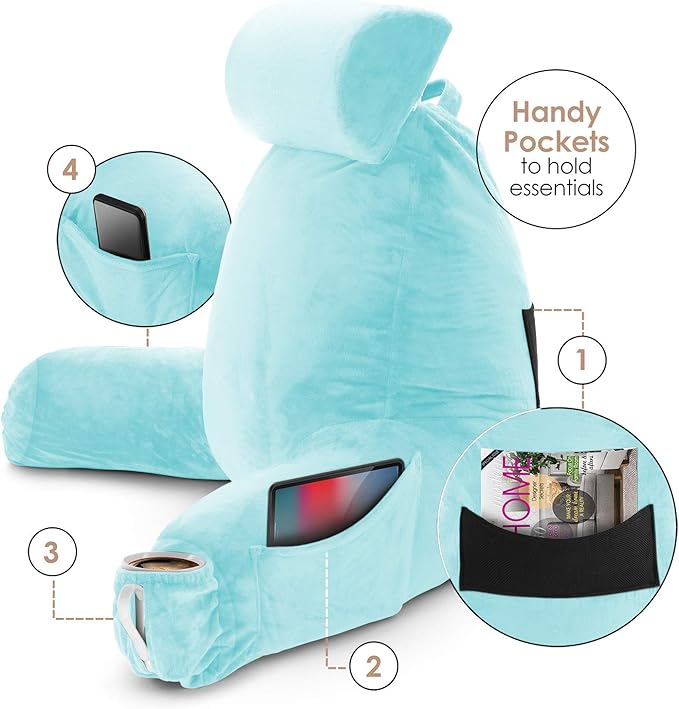 Nestl Reading Pillow with Shredded Memory Foam Includes 2 Neck and Lumber Support Pillows, Designed for Sitting Up in Bed and Couch, Back and Arms Adjustable Support for Adult & Teens, Light Blue