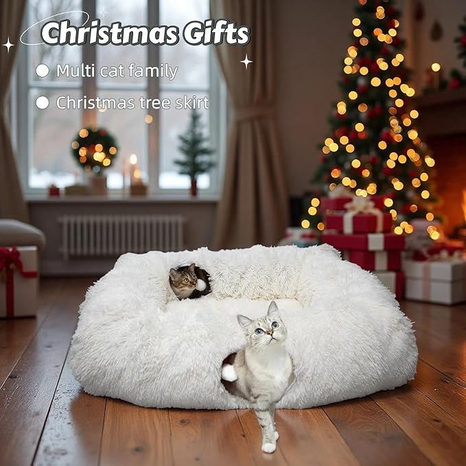 XxingSheep 4 Cave Shuttled XL Cat Tunnel Bed for Indoor Cats Peekaboo Toy Donut with Warm Mat, White
