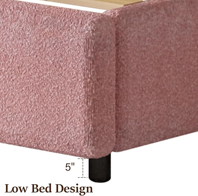 King Size Bed Frame, Boucle Upholstered Platform Bed with Headboard, Soft Bed Frame with Round Conner, No Box Spring Required, Easy Assembly, Pink