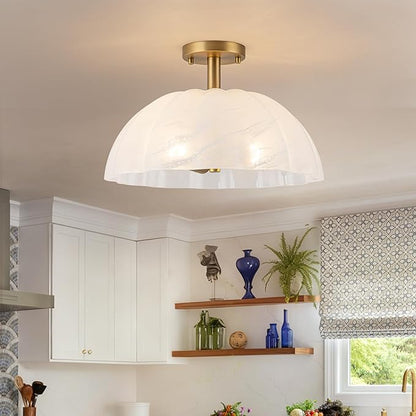 Mid-Century Modern Brushed Gold Semi Flush Mount Ceiling Light,2-Light Pumpkin Design Ceiling Light Fixture with Milky Cloudy Glass Shade,for Living Room,Dining Room,Bedroom,Entryway(15.98 inch)