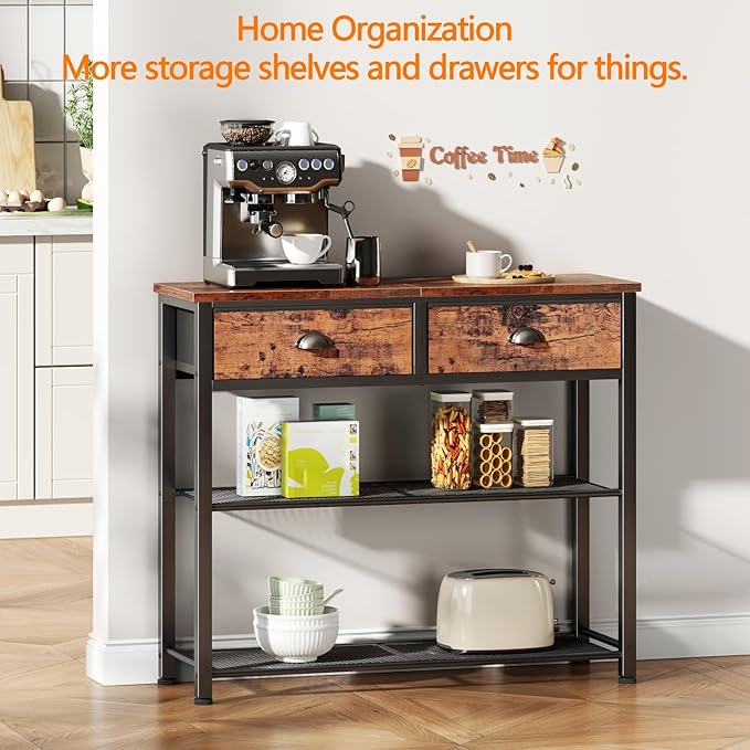 Furologee Console Sofa Table with Storage Shelf for Entry Way, Small 30'' Entryway Table with 2 Fabric Drawers, Industrial Display Shelves for Hallway, Entrance, Foyer, Rustic Brown